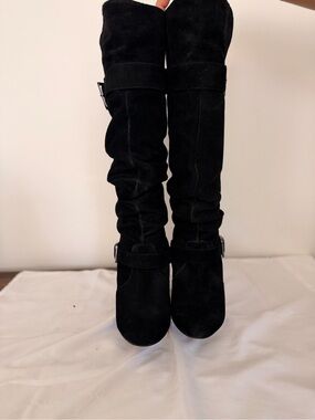 Over-the-Knee Black Suede Women’s Boots with Buckle Detail